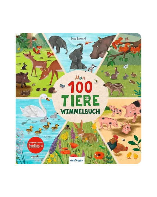 Das farbenfrohe Cover von Mein 100 Tiere-Wimmelbuch (Esslinger Verlag) lädt junge Leserinnen und Leser ab 24 Monaten ein, Tiere in Lebensräumen wie Teich, Dschungel, Wiese und Savanne zu erkunden - und das alles in einem lebendigen Natur-Wimmelbuch-Layout.