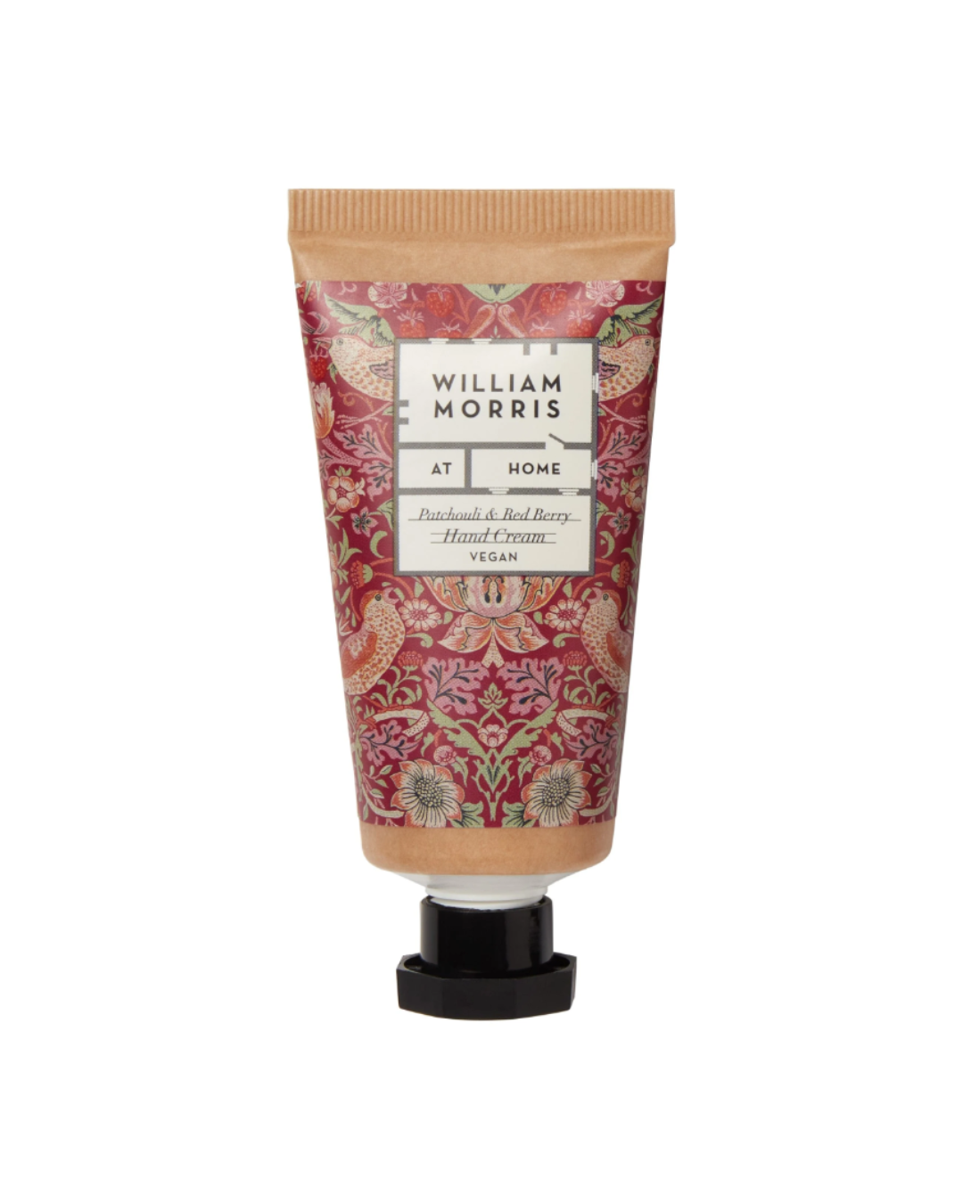 Eine 50-ml-Tube William Morris at Home 'Strawberry Thief' Handcreme mit natürlichen Inhaltsstoffen in einer dekorativen Verpackung mit Blumen und Vögeln.
