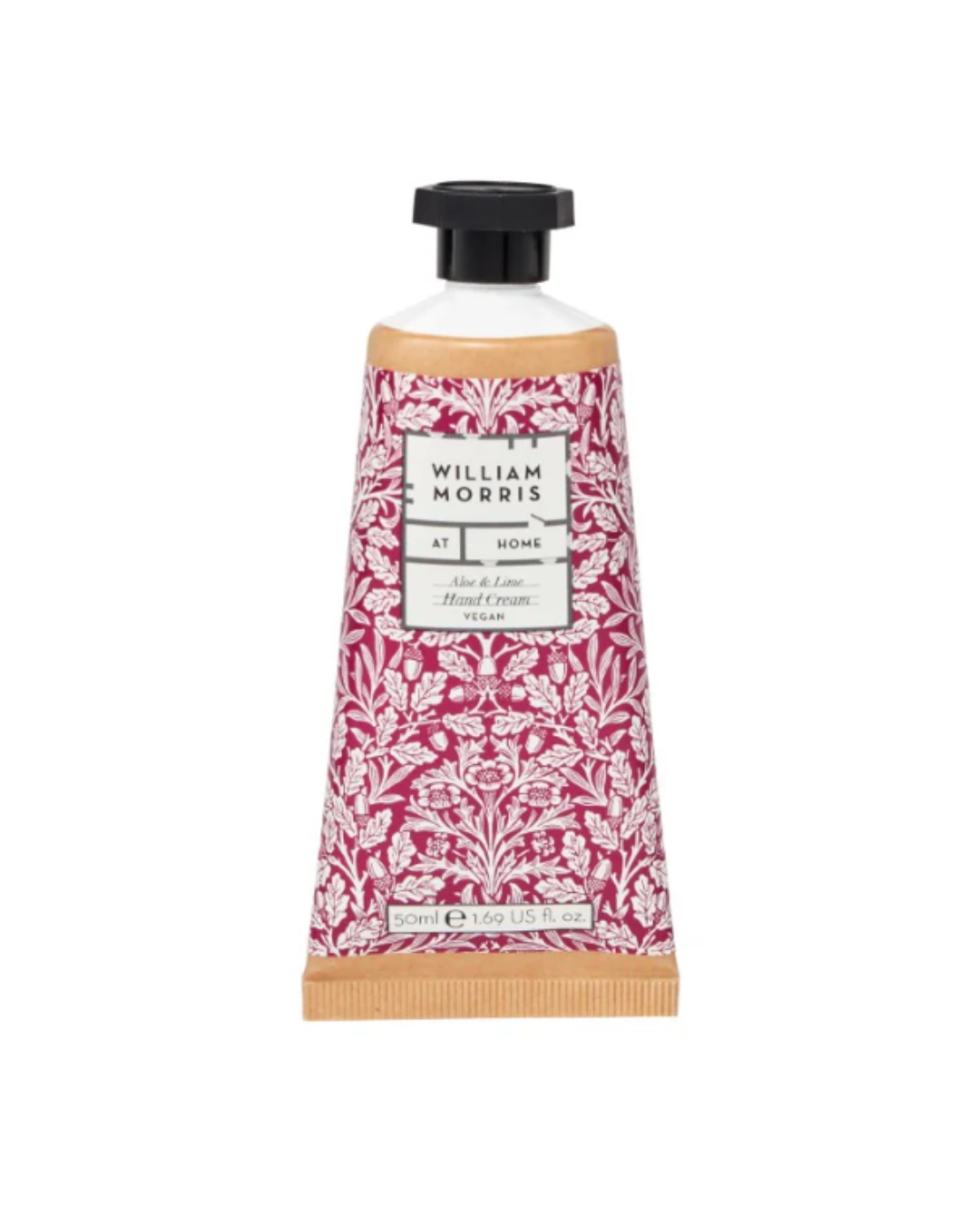 Eine 50-ml-Tube William Morris at Home 'Acorn' Handcreme mit rosa und weißem Blumendesign, schwarzer Kappe und beiger Basis. Auf dem Etikett steht, dass es sich um eine vegane Handcreme handelt.