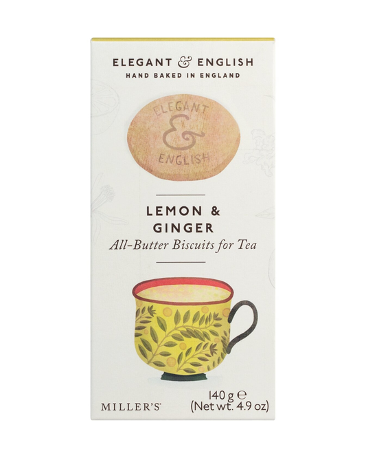 Vorderseite einer Lady Joseph Elegant & English | Butterkekse mit Zitrone & Ingwer Schachtel, die einen Keks, eine gelbe Teetasse und eine Produktinformation auf weißem Hintergrund zeigt. Natürliche Zutaten. Nettogewicht: 140g (4,9 Unzen).