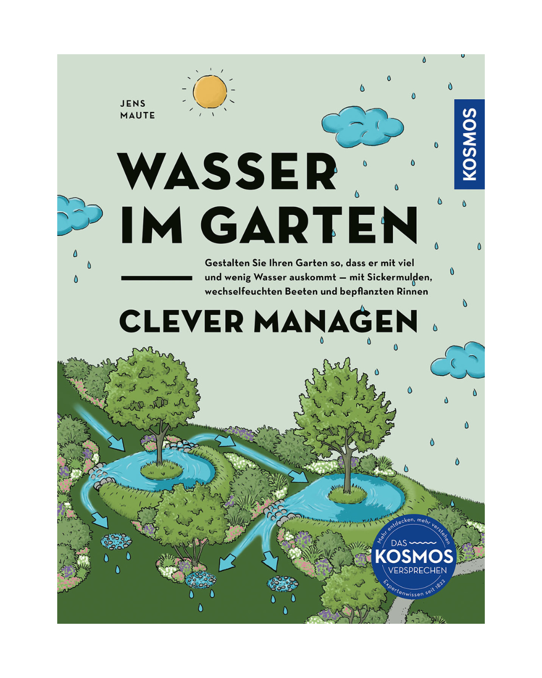 Das Buchcover zeigt eine Gartenlandschaft mit Bäumen, Bach, Wolken, Sonne und Regen. Titel: "Wasser im Garten clever managen | Garten resilient gestalten". Auf der rechten Seite ist das blaue Label des Kosmos Verlags abgebildet. Hebt die Idee von "Regenwasser ernten" hervor.