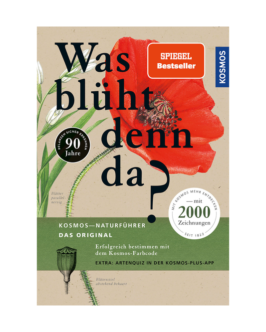 Das Cover von "Was blüht denn da? | Schritt für Schritt durch die Welt der Blütenpflanzen" aus dem Kosmos Verlag, zeigt eine große rote Mohnblume, Auszeichnungsplaketten und deutschen Text auf beigem Hintergrund.