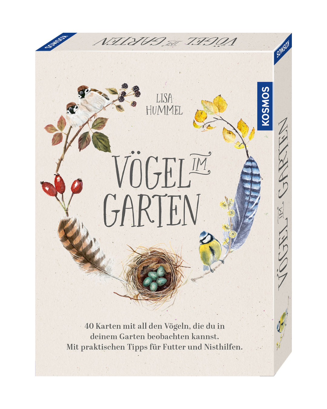Das Kartenset Vögel im Garten | Liebevoll illustriertes Kartenset aus dem Kosmos Verlag zeigt charmante Illustrationen von Gartenvögeln, Federn, Eiern und Beeren. Die Karten sind in deutscher Sprache - perfekt für die Vogelbestimmung.