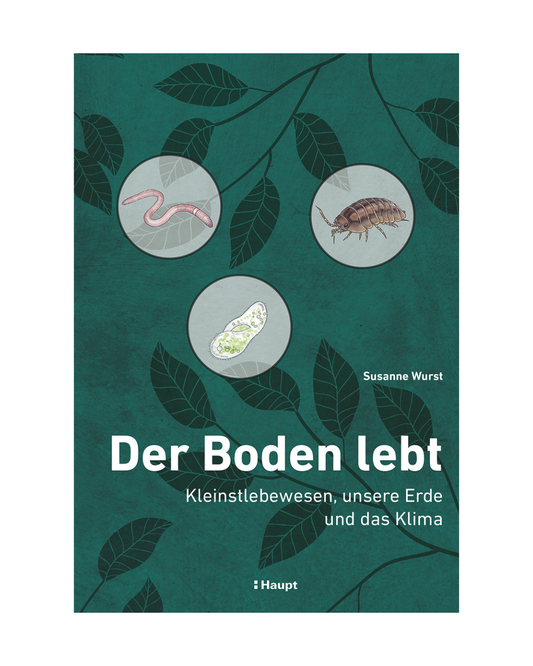 Buchumschlag für "Der Boden lebt | Wissen über Boden, Natur & Klima" von Susanne Wurst (Haupt Verlag), mit Abbildungen eines Regenwurms, einer Pillenwanze und eines Einzellers auf grünem Blatthintergrund, die den Boden und die Artenvielfalt hervorheben.