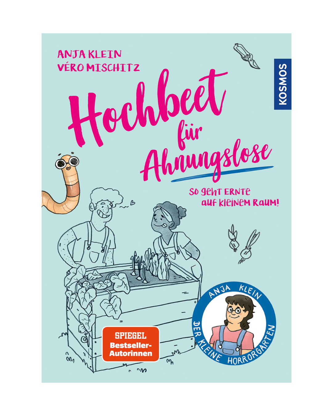Buchdeckel: Zwei Frauen gärtnern in einem Hochbeet und lächeln, während ein Cartoon-Wurm winkt. "Hochbeet für Ahnungslose" aus dem Kosmos Verlag ist ein unterhaltsamer, informativer Einsteiger-Ratgeber - charmant illustriert und perfekt für Gartenneulinge.