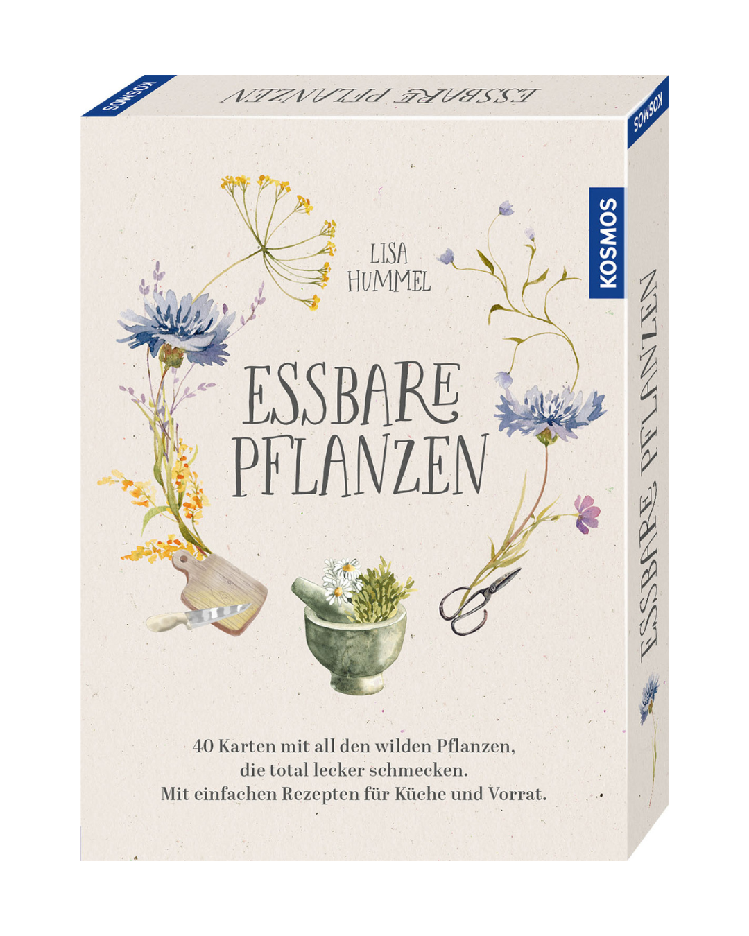 Das Kartenset Essbare Pflanzen | Liebevoll illustriert aus dem Kosmos Verlag enthält 40 Rezeptkarten für essbare Wildpflanzen, attraktiv verpackt mit botanischen Illustrationen, Mörser und Stößel sowie einer Schere.