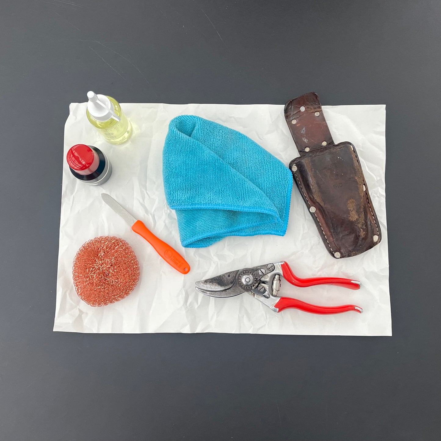 Gartengeräte und -zubehör auf weißem Papier: Gartenschere mit rotem Griff, Gartenscherenhülle, blaues Tuch zum Reinigen der Klingen, Schrubber, kleines Messer, Tropfflasche Niwaki – Kamelienöl von Niwaki und eine Flasche mit rotem Deckel auf dunklem Untergrund.