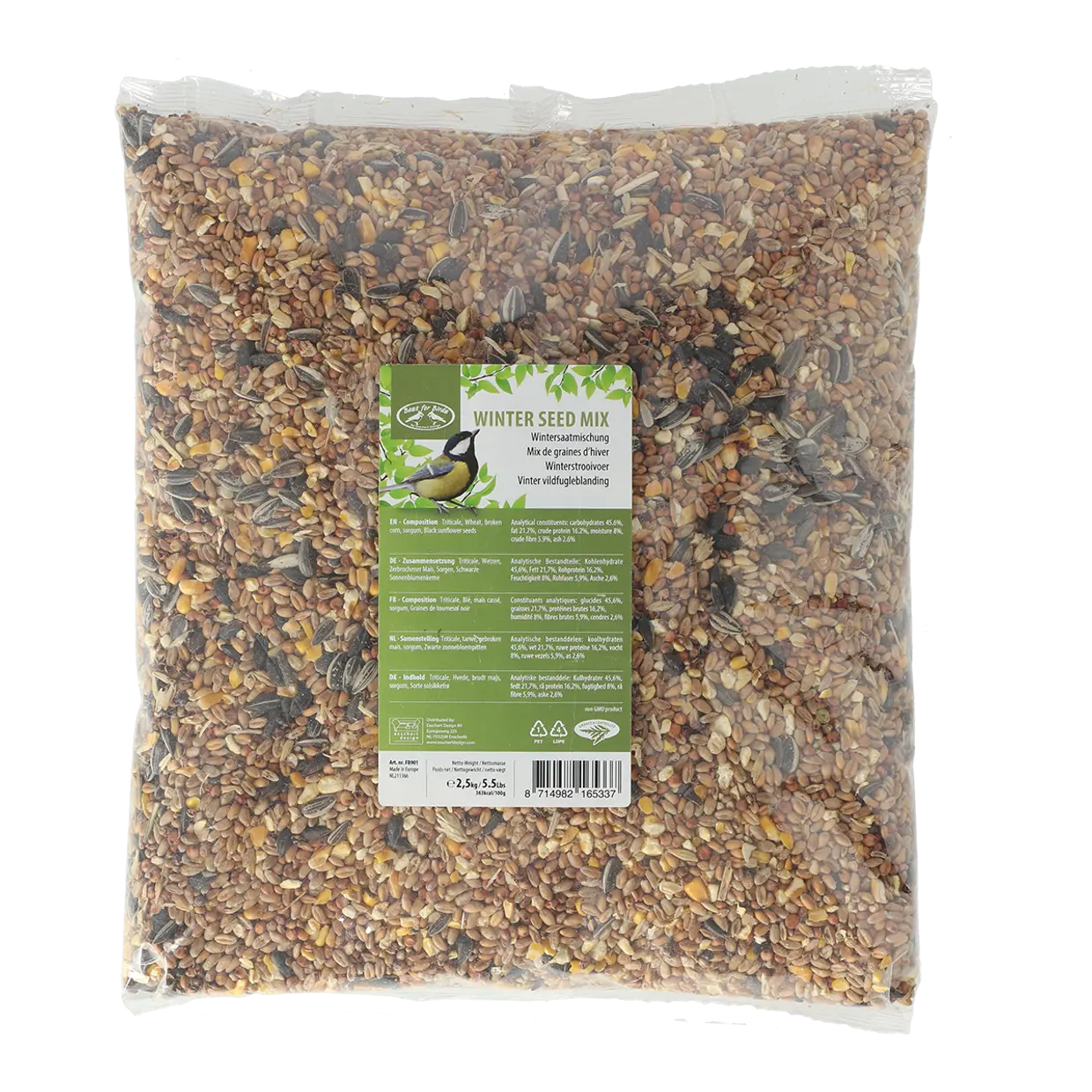 Ein durchsichtiger Plastikbeutel Esschert Streufutter (2,5 kg) mit grünem Etikett, gefüllt mit hochwertigen Sonnenblumenkernen, Hirse, Weizen und Hanf - ideal für die Fütterung vieler Vogelarten im Winter.