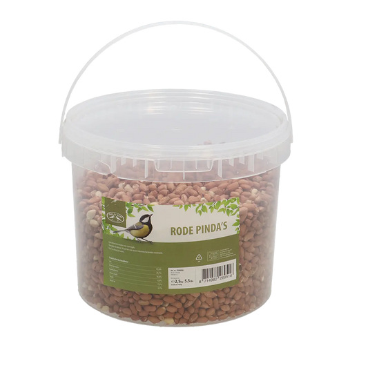 Die Esschert Rote Erdnüsse (2,5 kg) für Wildvögel werden in einem durchsichtigen Plastikeimer mit Henkel und grünem Etikett geliefert, auf dem ein Vogel, ein niederländischer Text und Nährwertangaben abgebildet sind - die ideale Vogelfutter für Ihren Garten.