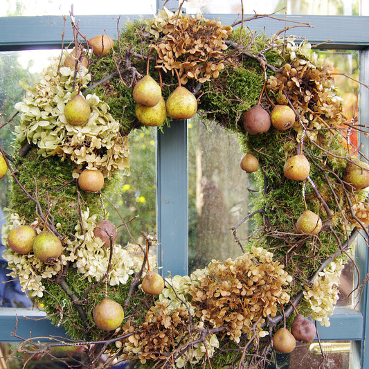 Ein herbstlicher Türkranz aus Naturmaterialien schmückt das Fenster: Do. 02.10.2025, 14-15.30 Uhr, Workshop "Herbstliches Türkranzbinden" mit Thea Carlin in der Königlichen Gartenakademie.