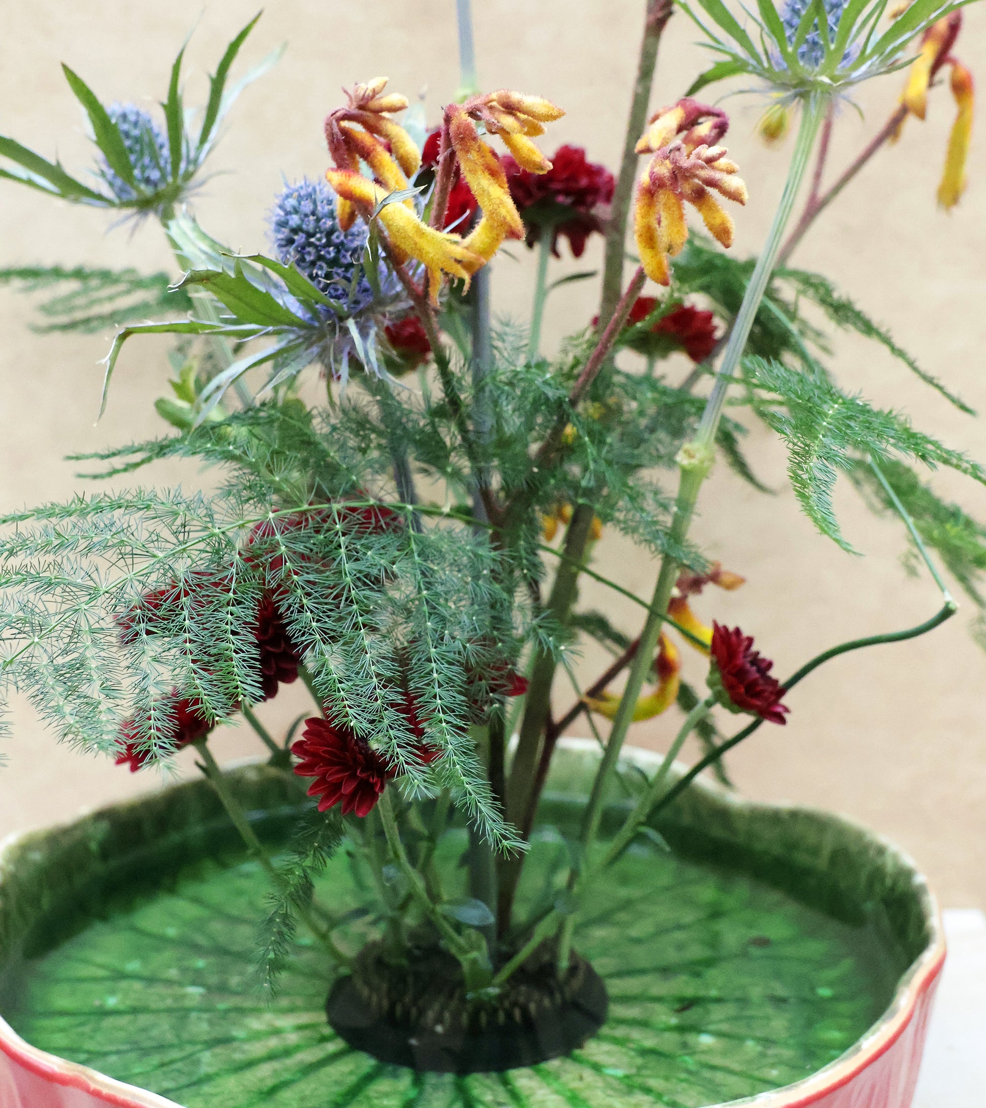 Ein lebhaftes Ikebana-Arrangement in einer grünen Keramikschale mit blauen und gelben Stachelblumen, roten Blüten und gefiedertem Laub, das vom Ikebana-Blumenigel | Kenzan L aufrecht gehalten wird.