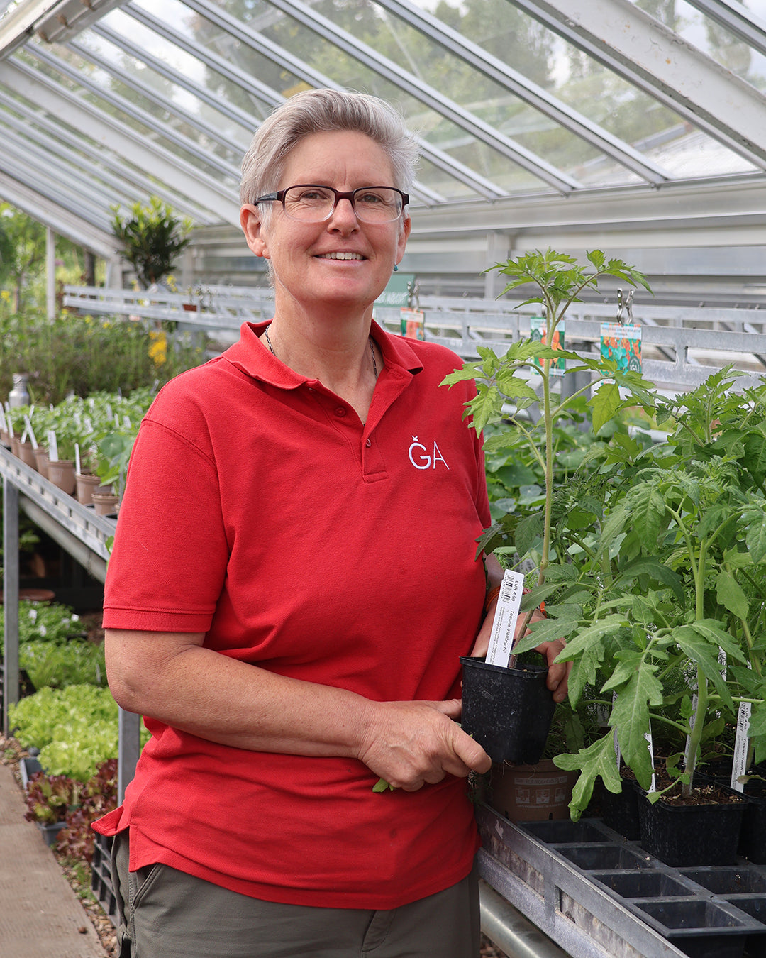 Eine lächelnde Person mit kurzen grauen Haaren und Brille steht in einem Gewächshaus, bereit, Tipps zur Pflanzenvermehrung beim WORKSHOP "Aus eigener Anzucht: selbst Pflanzen vermehren" mit Dr. Cathrine Thorpe am Sa. 21.03.2026, 14-16 Uhr.