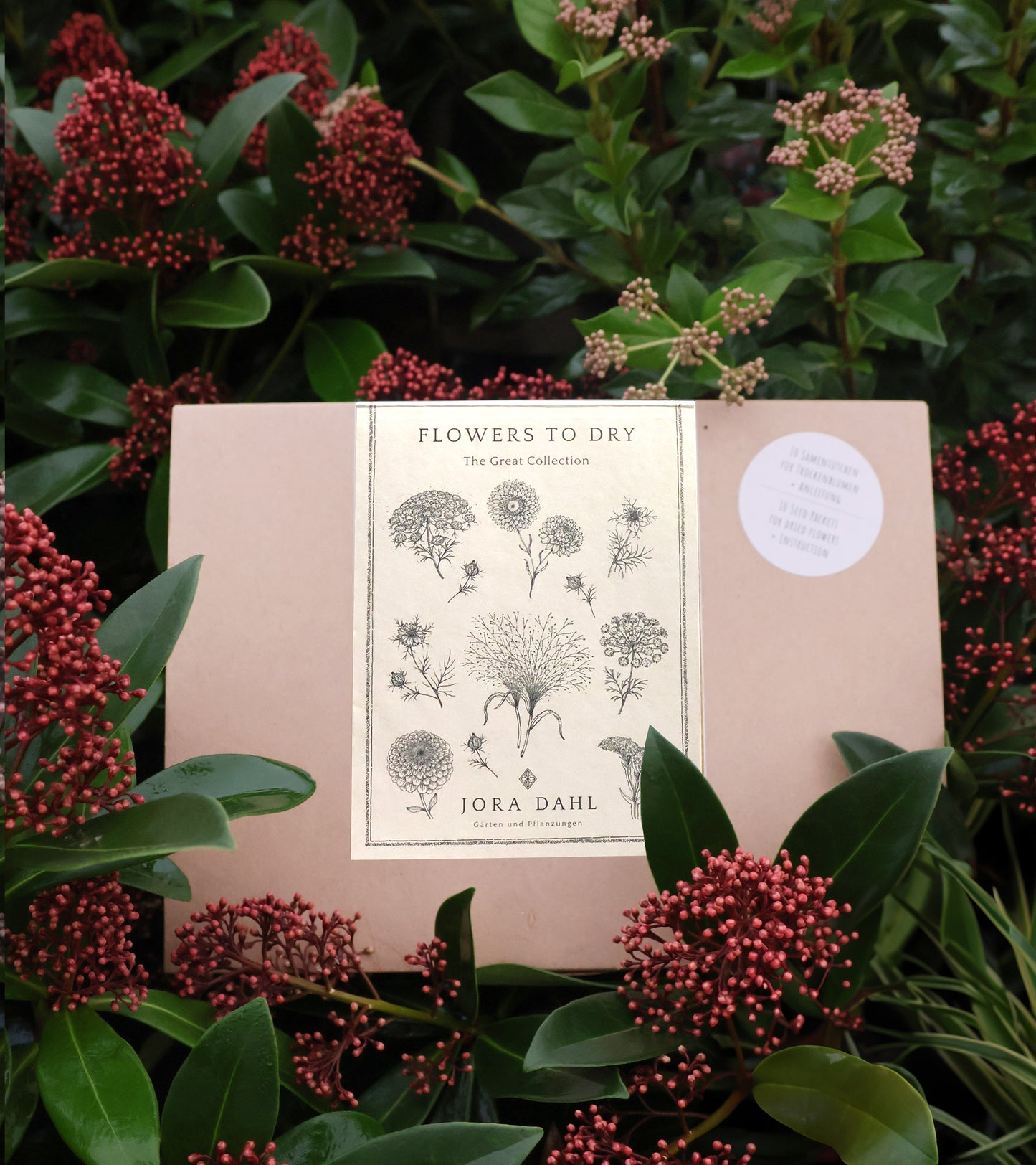 Eine Schachtel mit der Aufschrift "Jora Dahl | Flowers to Dry" von Jora Dahl mit botanischen Illustrationen steht zwischen grünen Blättern und roten Blütenknospen - ideal für alle, die Inspiration für Schnittblumen und Trockenblumenarrangements suchen.