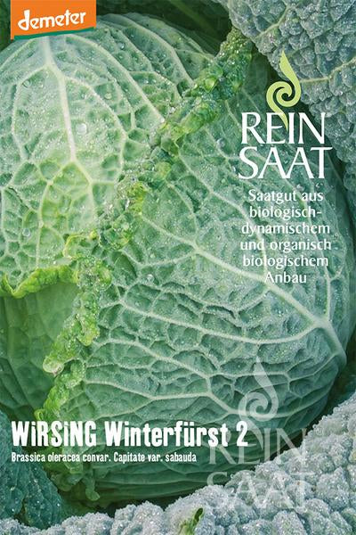 Nahaufnahme eines taufrischen, grünen Wirsingblattes mit dem Text „Reinsaat, ReinSaat – Wirsing ‚Winterfürst 2‘, winterharte Wirsingsorte mit hervorragenden Lagereigenschaften“. Demeter-Logo in der oberen linken Ecke.