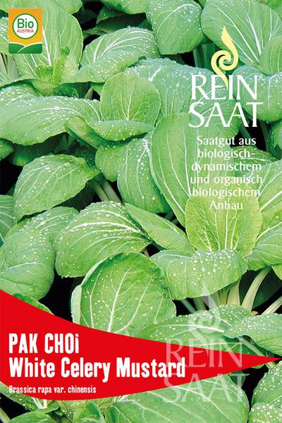 Nahaufnahme der Blätter von Reinsaat Pak Choi 'Weißer Selleriesenf', die weiße Adern zeigen. Auf der Packung befinden sich der Reinsaat Schriftzug, Informationen auf Deutsch und Englisch und ein Bio Austria Bio-Siegel in der linken oberen Ecke.