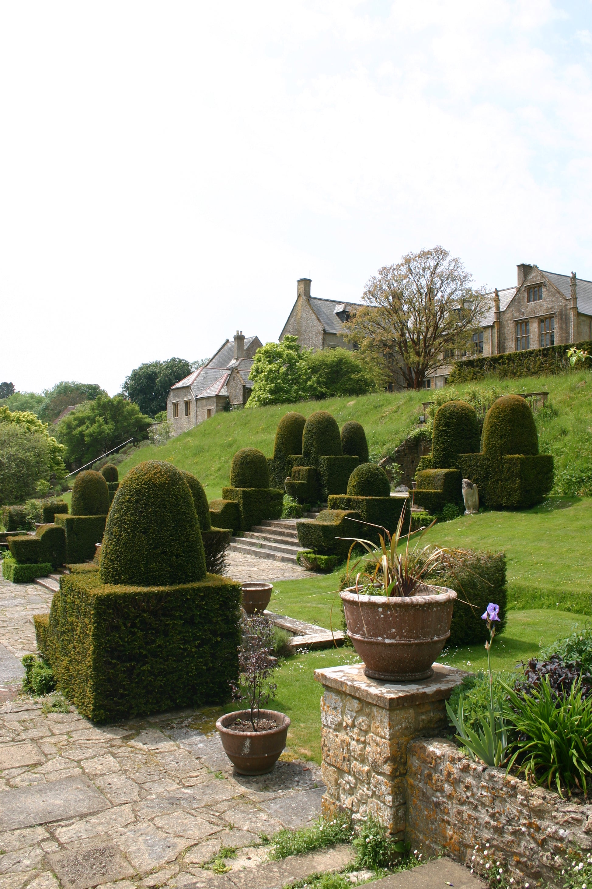 Genießen Sie Dr. Isabelle Van Groeningens "Di. 17.03.2026 | 14.30-15.30 AFTERNOON-TEA-VORTRAG Die Gärten von Somerset, Dorset und Wiltshire" inmitten formaler englischer Gärten - perfekt mit Formschnitt, Steintreppen und einem grasbewachsenen Hügel unter einem teilweise bewölkten Himmel.