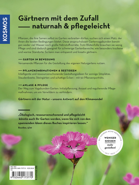 Umschlagrückseite von "Der antiautoritäre Garten" aus dem Kosmos Verlag: grüner Hintergrund, schwarz-gelber Text, rosa Blüten-Foto in Großaufnahme - perfekt für pflegeleichte Gärten. Das Kosmos-Logo befindet sich am linken Rand.