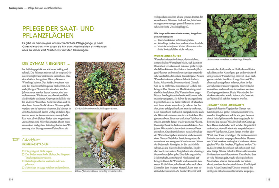Eine Doppelseite aus "Der antiautoritäre Garten" aus dem Kosmos Verlag enthält Text, Fotos von Setzlingen und säenden Händen, eine Checkliste und Tipps zu pflegeleichten Gärten, Pflanzenpflege, Pflanztechniken und Beetpflege.