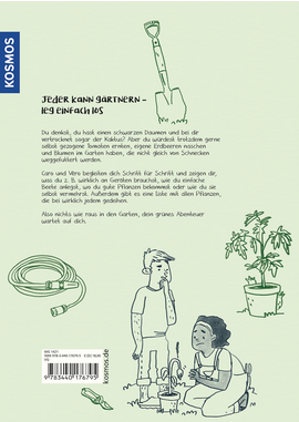 Die Rückseite von "Gärtnern für Ahnungslose" aus dem Kosmos Verlag zeigt grüne Illustrationen einer Schaufel, eines aufgewickelten Schlauchs, einer Topfpflanze und zweier Personen, die einen Setzling untersuchen, mit einem deutschen Text über Gärtnern und Gartenträume in der Mitte.