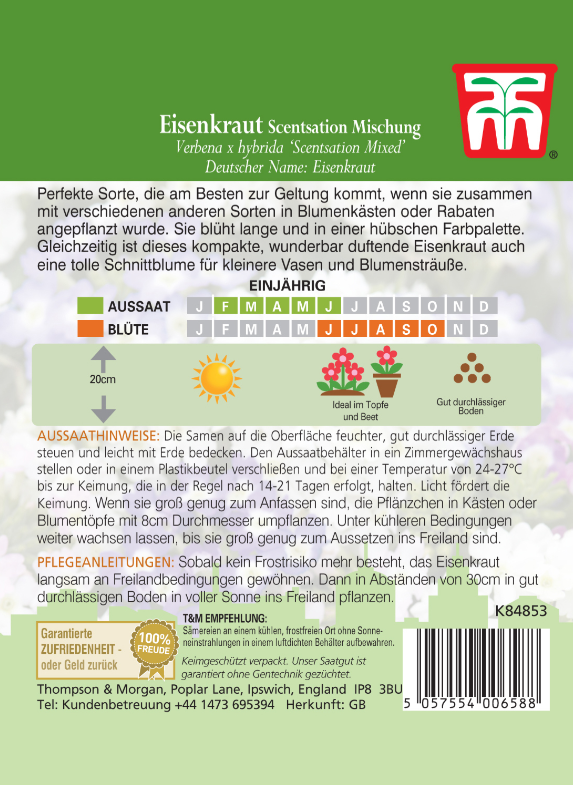 Rückseite einer Saatgutpackung von Thompson und Morgan | Eisenkraut Scentsation Mischung mit Anleitungen, Aussaat-/Blühkalender, idealen Balkonblumenbedingungen und Kontaktinformationen des Unternehmens - alles auf Deutsch.