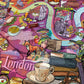Das Water & Wines - Gourmet-Puzzle - London zelebriert spielerisch die Kultur der Stadt mit einer farbenfrohen illustrierten Karte, die ikonische Lebensmittel, historische Wahrzeichen, Marktszenen, einen Fuchs, klassische Bücher und eine Teetasse zeigt.