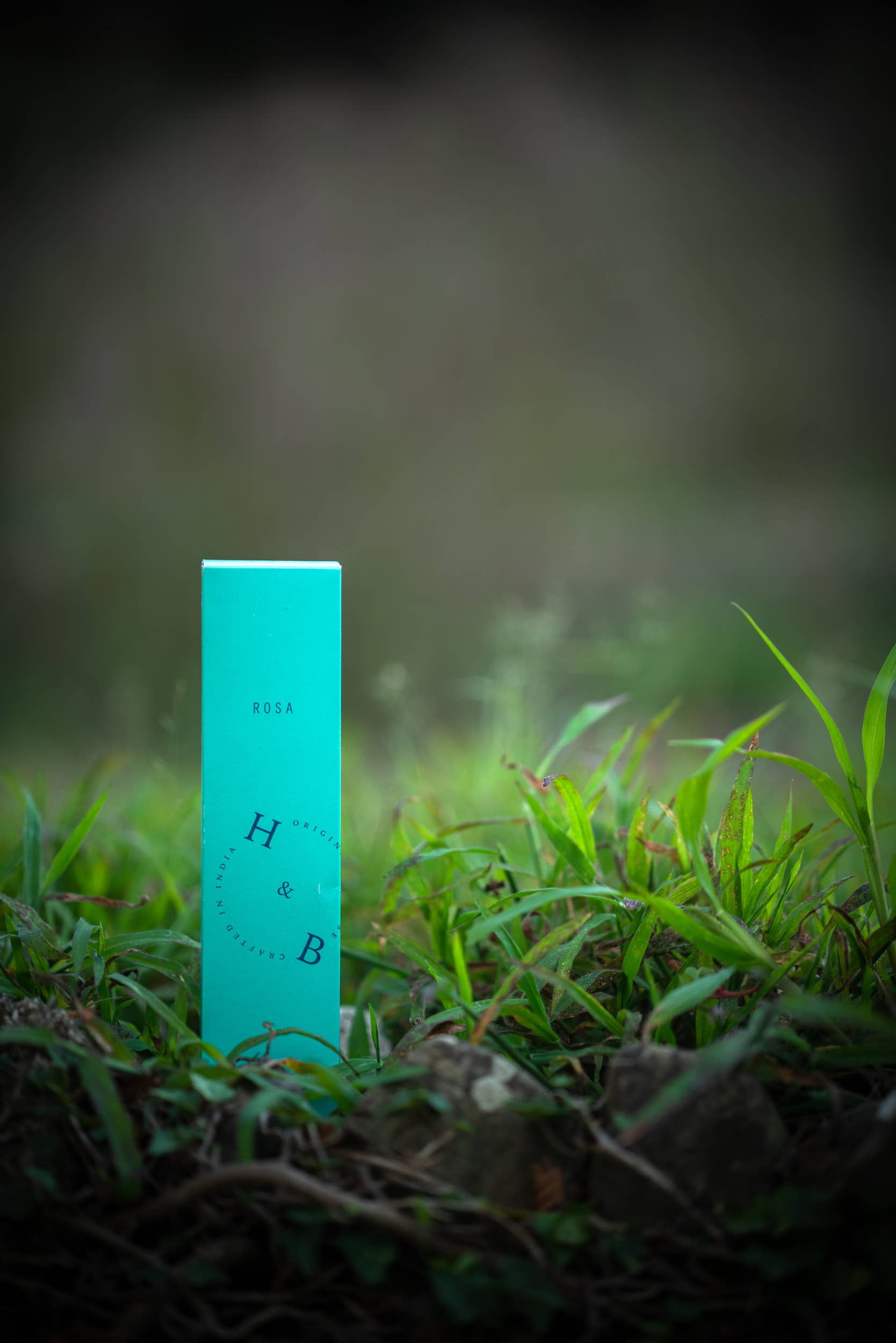 Eine türkisfarbene rechteckige Dose mit der Aufschrift "H&B Weihrauch - Natürlicher Rosenweihrauch" steht aufrecht im grünen Gras und repräsentiert die Essenz von Rosenduft und natürlichem Weihrauch vor einem verschwommenen natürlichen Hintergrund.