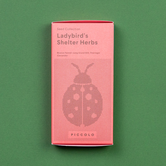 Eine rosafarbene Piccolo Seeds - Ladybird's Shelter Kräuter-Packung mit einer Marienkäfer-Illustration ruht auf Grün. Es hebt Samen hervor: Fenchel, Dill und Thaiingher Koriander der Marke Piccolo Seeds.