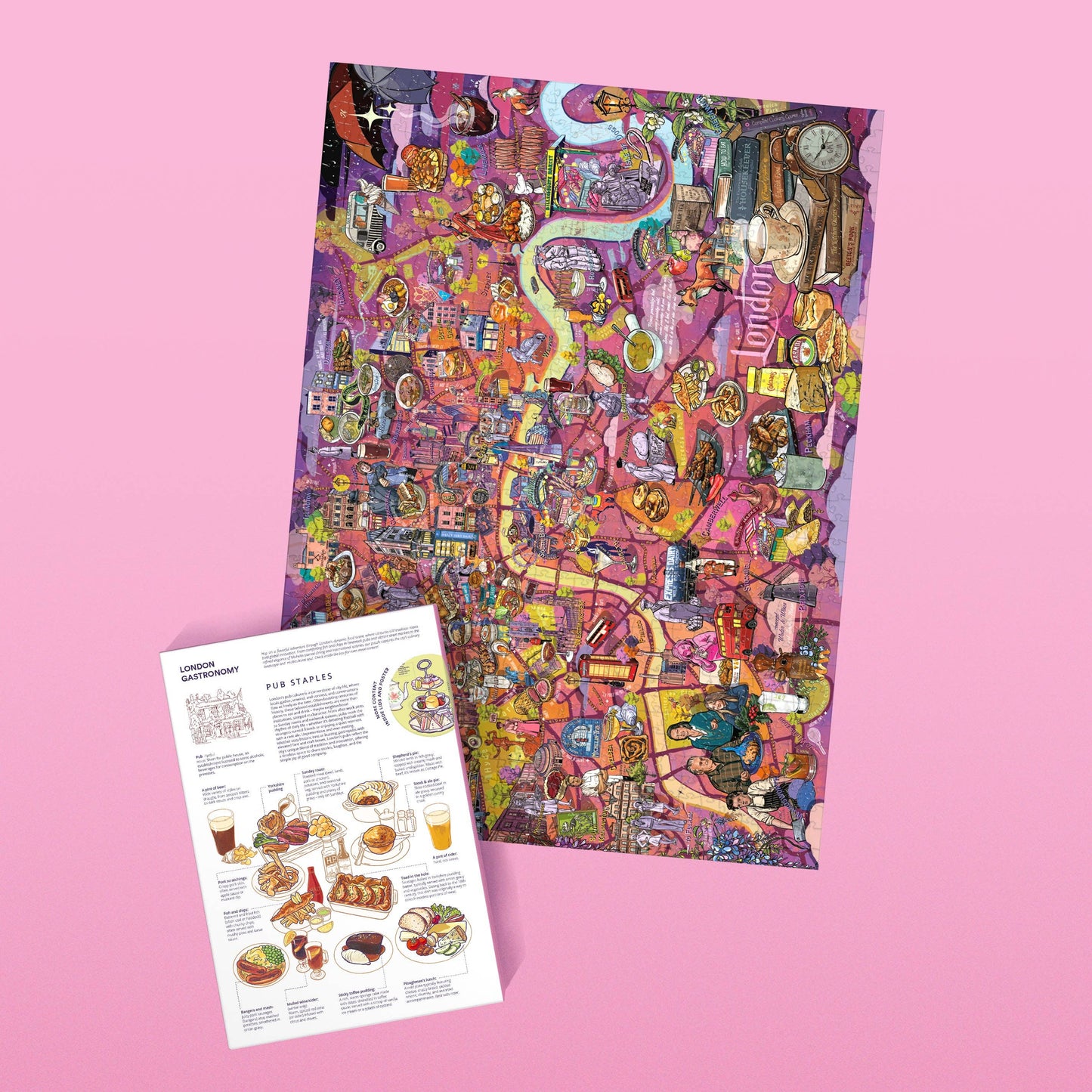 Das Water & Wines - Gourmet-Puzzle - London enthält eine farbenfrohe illustrierte Karte von London mit Lebensmitteln, Sehenswürdigkeiten und Schriftzeichen auf rosa Hintergrund sowie eine Infografik zu traditionellen britischen Lebensmitteln von Water & Wines.