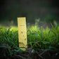 Eine gelbe, rechteckige Schachtel mit der Aufschrift "H&B Weihrauch - Natürlicher Sandelholz-Weihrauch" steht aufrecht im grünen Gras und erinnert an Sandelholznoten, die ideal für die Meditation sind, mit einem verschwommenen dunklen Hintergrund.