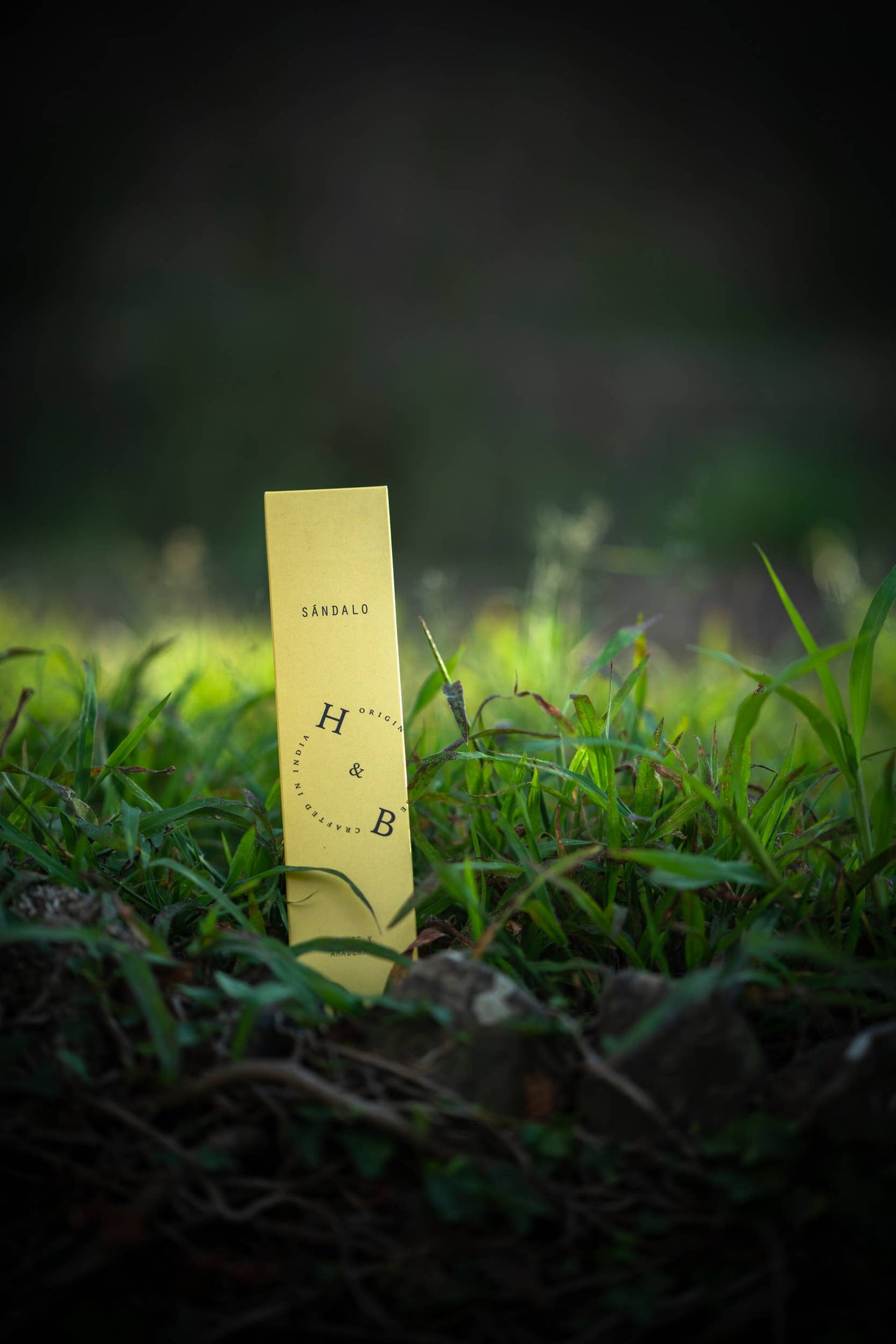 Eine gelbe, rechteckige Schachtel mit der Aufschrift "H&B Weihrauch - Natürlicher Sandelholz-Weihrauch" steht aufrecht im grünen Gras und erinnert an Sandelholznoten, die ideal für die Meditation sind, mit einem verschwommenen dunklen Hintergrund.