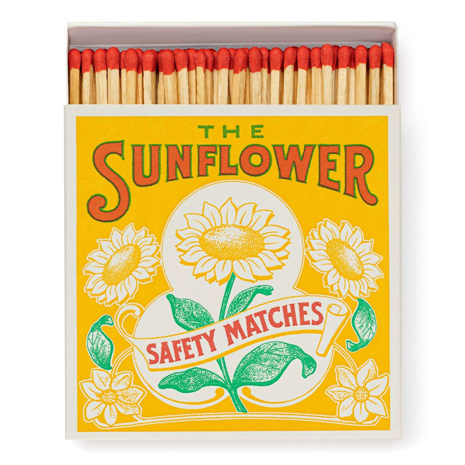 Die Archivist Gallery - Sunflower | Square - Sicherheitsstreichhölzer von Archivist Gallery hat eine leuchtend gelbe und weiße Schachtel mit floralen Abbildungen von Sonnenblumen und grünen Blättern; die Streichhölzer im Inneren haben rote Spitzen.