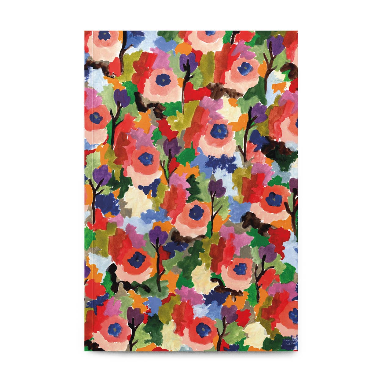 Ein lebendiges, abstraktes Blumenbild mit kräftigen roten, rosa, blauen, lila, grünen und gelben Blüten ziert das Cover von Petit Gramme - Großes Fusion-Notizbuch von Petit Gramme - ideal für Liebhaber von farbenfrohen und einzigartigen genähten Notizbüchern.