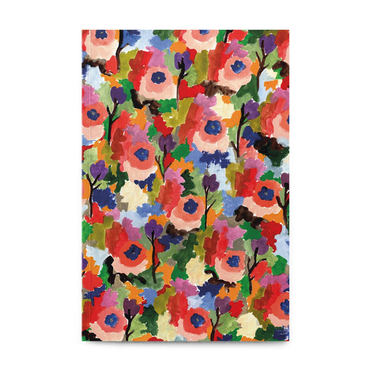 Ein lebendiges, abstraktes Blumenbild mit kräftigen roten, rosa, blauen, lila, grünen und gelben Blüten ziert das Cover von Petit Gramme - Großes Fusion-Notizbuch von Petit Gramme - ideal für Liebhaber von farbenfrohen und einzigartigen genähten Notizbüchern.