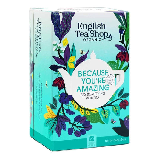 The English Tea Shop „You are Amazing Kollektion“ BIO-Geschenkbox enthält 20 Beutel in 5 Sorten, mit buntem Blumen- und Blätterdesign. Auf der Vorderseite steht: „Because You're Amazing – Say Something With Tea“.