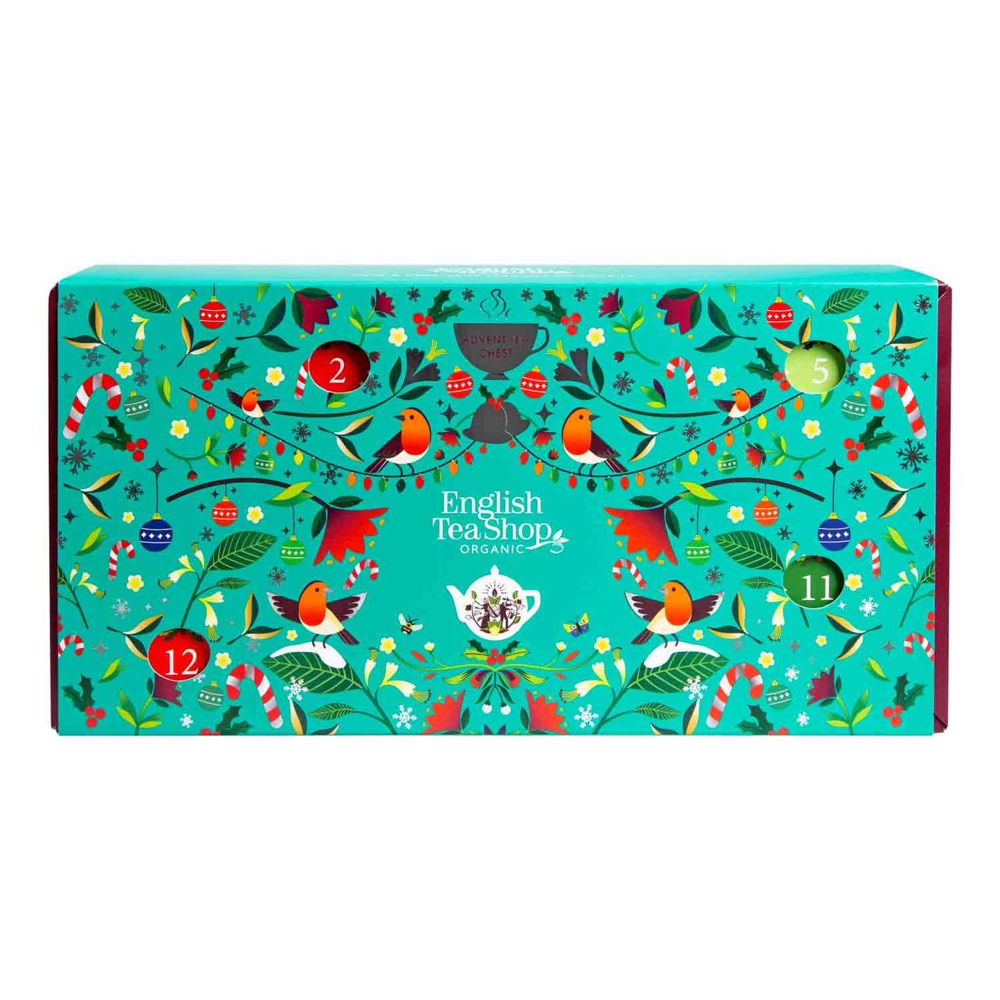 Entdecken Sie den English Tea Shop BIO Tee Adventskalender "Christmas Vibes only" mit 25 Pyramidenbeuteln. Diese festliche Box verfügt über bunte Vögel, Zuckerstangen, Ornamente und Stechpalmen auf teal-unveil eine köstliche Bio Teemischung hinter jeder nummerierten Tür!.