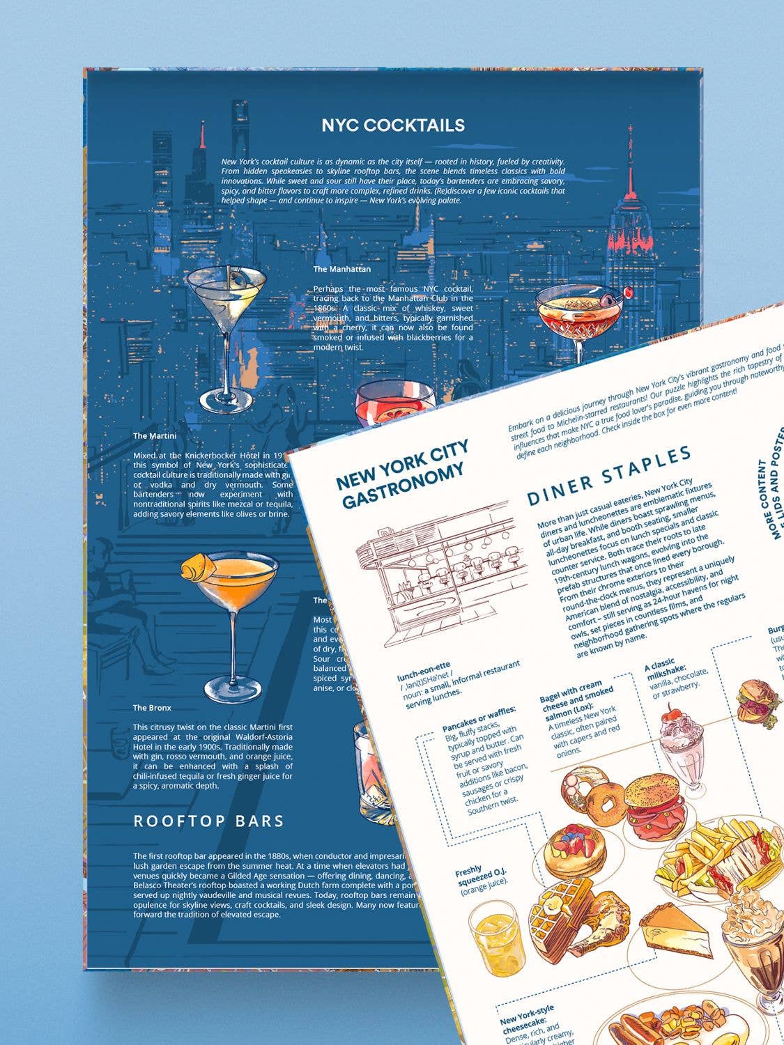 Das Water & Wines - Gourmet-Puzzle - New York zeigt farbenfrohe Illustrationen von NYC-Cocktails und Diner-Klassikern über einer blauen Stadtlandschaft, mit Textbeschreibungen. Eine zweite Seite von Water & Wines bedeckt teilweise die untere rechte Seite.
