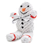 Das LABONI - Volentis GmbH Shawn der Schneemann Hundespielzeug ist ein Plüschschneemann aus gedrehtem grauen Seil mit zahnreinigenden Baumwollfasern, schwarzen Knopfaugen, einer orangen Nase, roten Akzenten und einem weißen LABONI-Band mit Knochenaufdrucken um den Hals.