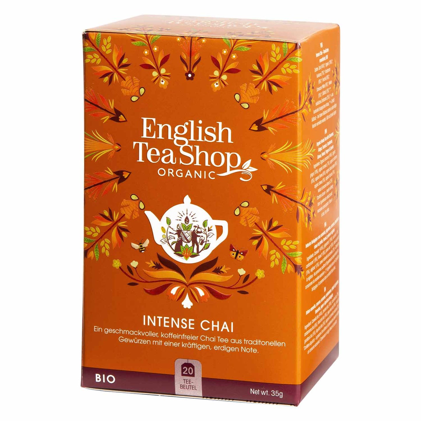 Eine Schachtel English Tea Shop - ETS - Intense Chai (BIO) enthält 20 biologische, koffeinfreie Teebeutel. Die orangefarbene Schachtel zeigt Blumen- und Blattmuster um eine weiße Teekanne. Marke: English Tea Shop.
