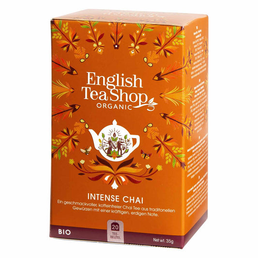 Eine Schachtel English Tea Shop - ETS - Intense Chai (BIO) enthält 20 biologische, koffeinfreie Teebeutel. Die orangefarbene Schachtel zeigt Blumen- und Blattmuster um eine weiße Teekanne. Marke: English Tea Shop.