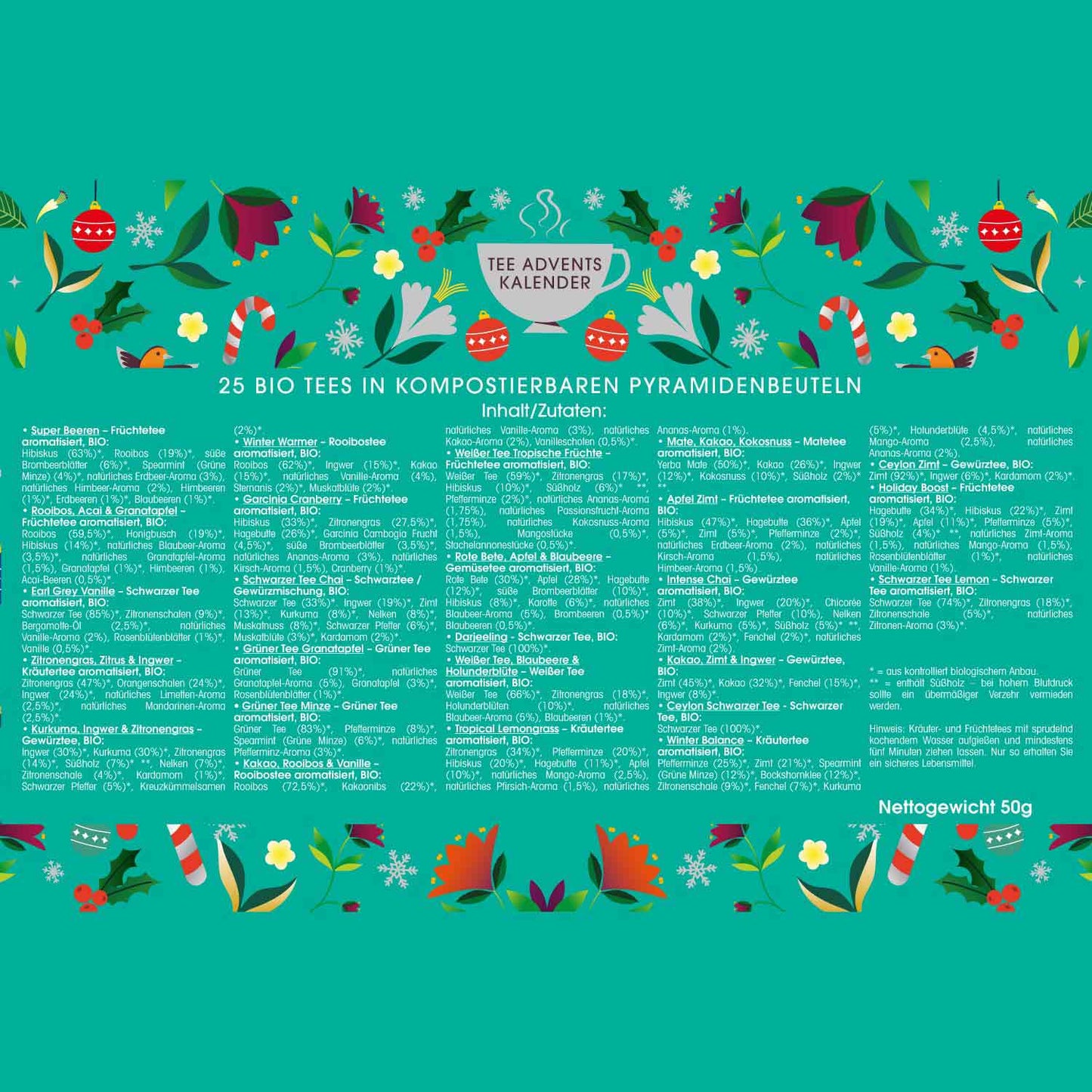 Der English Tea Shop BIO Tee Adventskalender "Christmas Vibes only" besteht aus 25 Pyramidenbeuteln, einem festlichen, blaugrünen Etikett mit fröhlichen Weihnachts- und Blumenmotiven und deutschen Zutaten - perfekt als Adventsgeschenk.
