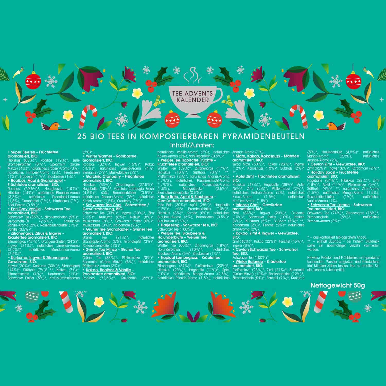 Der English Tea Shop BIO Tee Adventskalender "Christmas Vibes only" besteht aus 25 Pyramidenbeuteln, einem festlichen, blaugrünen Etikett mit fröhlichen Weihnachts- und Blumenmotiven und deutschen Zutaten - perfekt als Adventsgeschenk.