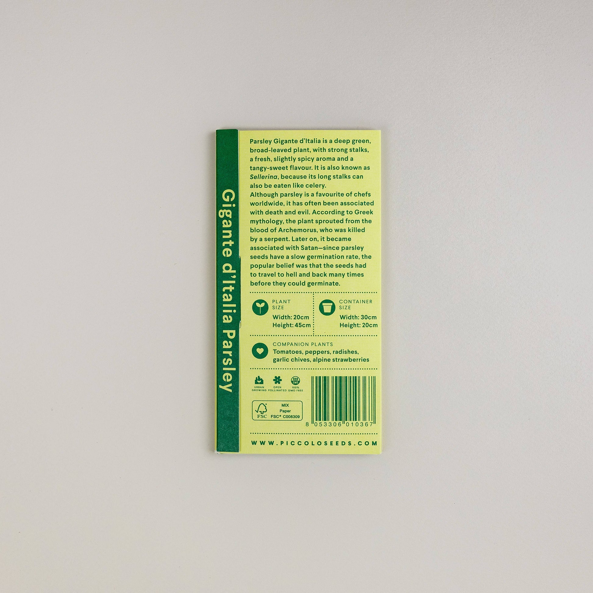 Ein helles Samenpaket mit grünen Akzenten und der Aufschrift „Piccolo Seeds – Petersilie Gigante d'Italia“ von Piccolo Seeds enthält Anbauanweisungen, Pflanzendetails, Symbole und Website-Informationen zur Herbstpflanzung.