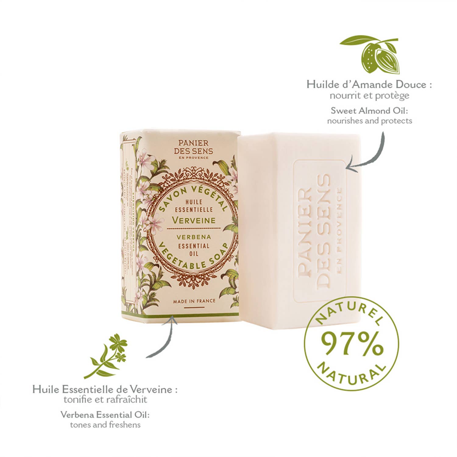 Abgebildet ist eine Tafel Panier Des Sens Pflanzliche Seife | Eisenkraut 150 g mit blumiger Verpackung. Text hebt natürliche Zutaten hervor: süßes Mandelöl, ätherische Öle wie Eisenkraut, milde Reinigung und 97 % natürlichen Ursprungs.