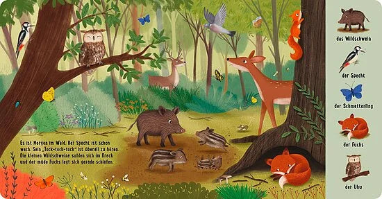 Mein 100 Tiere-Wimmelbuch vom Esslinger Verlag zeigt eine bunte Waldszene mit Hirsch, Wildschwein mit Frischlingen, Fuchs, Eule, Specht, Schmetterling und Eichhörnchen. Ideal als Pappbilderbuch ab 2 Jahren zum Entdecken von Tieren. Deutsche Tierliste rechts.