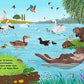 Die lebendige Teichszene aus "Mein 100 Tiere-Wimmelbuch" vom Esslinger Verlag zeigt Enten, Schwäne, Reiher, Frösche, Otter, Biber und Fische mit beschrifteten Tieren - perfekt für Kinderbordbücher ab 2 Jahren. Bäume und Gräser rahmen das Wasser ein.