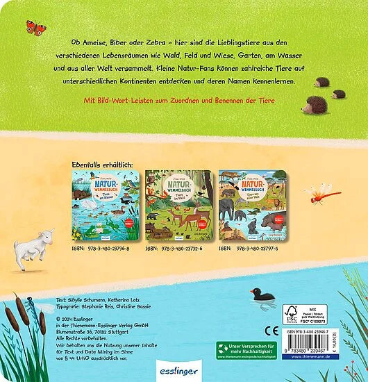 Die Rückseite von Mein 100 Tiere-Wimmelbuch aus dem Esslinger Verlag zeigt Tierszenen an einem Teich, im Gras und im Wald. Unten finden Sie drei weitere Buchcover, eine Zusammenfassung und Informationen zum Verlag. Ein tolles Pappbilderbuch ab 2 Jahren!.