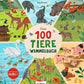 Umschlag von Mein 100 Tiere-Wimmelbuch aus dem Esslinger Verlag: Illustrierte Hirsche, Nilpferde, Wildschweine, Enten, Schweine, Füchse, Schwäne und Kaninchen sind in farbenfrohen Naturszenen in Abschnitte unterteilt.
