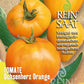 Eine Saatgutpackung von ReinSaat - Tomate 'Ochsenherz Orange' von Reinsaat, die drei große, orangefarbene Tomaten mit grünen Blättern und einen Text zeigt, der biologisches, biodynamisches Saatgut hervorhebt.