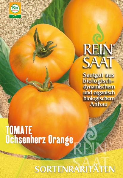 Eine Saatgutpackung von ReinSaat - Tomate 'Ochsenherz Orange' von Reinsaat, die drei große, orangefarbene Tomaten mit grünen Blättern und einen Text zeigt, der biologisches, biodynamisches Saatgut hervorhebt.