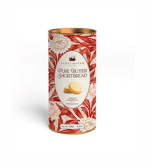 Lady Joseph - Buttergebäck aus reiner Butter Doppel-Butter-Shortbread 130g: Zylindrische Dose mit rot-weißem Blumenmuster, Keksabbildung auf der Vorderseite; hergestellt mit natürlichen Zutaten; Nettogewicht 130g (4.6oz).